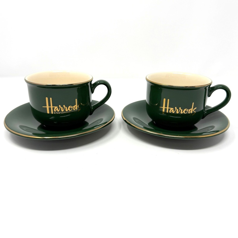 Harrods Knightsbridge Tea Cup Saucer Pair Green Gold Trim